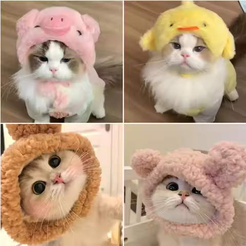 Cute Pet Cat Hat Plush Crochet Cosplay Headwear Adjustable Soft Animal Flower Burger Shape Costume F
