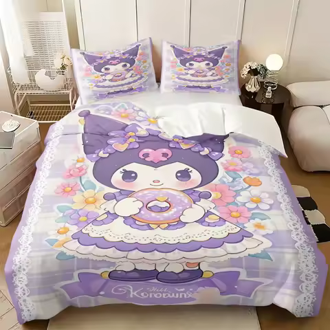 Kuromi Sanrio Bedding Set Kawaii Purple Floral Lace Print Duvet Cover Set Girls Bedroom Anime Lolita