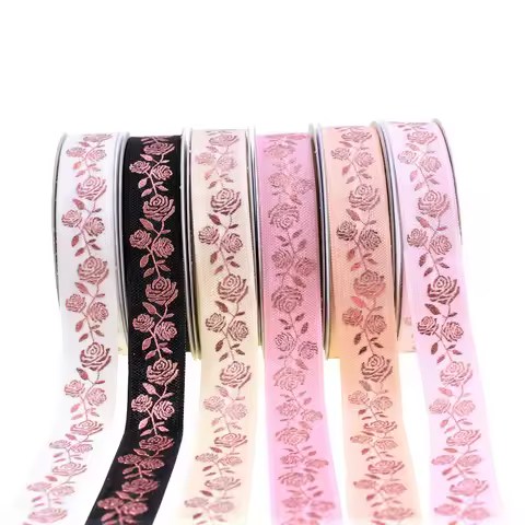 5/8"16mm Rose Gold foil Roses Floral FOE Fold Over Elastic For Wedding Valentine Design