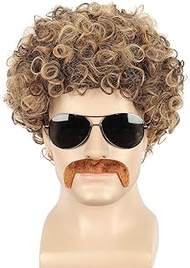 Yuehong Short Curly Afro Mens Wig 70s Disco Dirt Bag Wig With Mustache Set Halloween Fashion Wigs