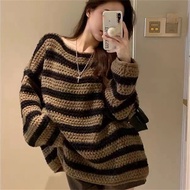 Ielgy nữ phong cách Hàn Quốc cổ áo buông mềm tay áo dài áo len sọc