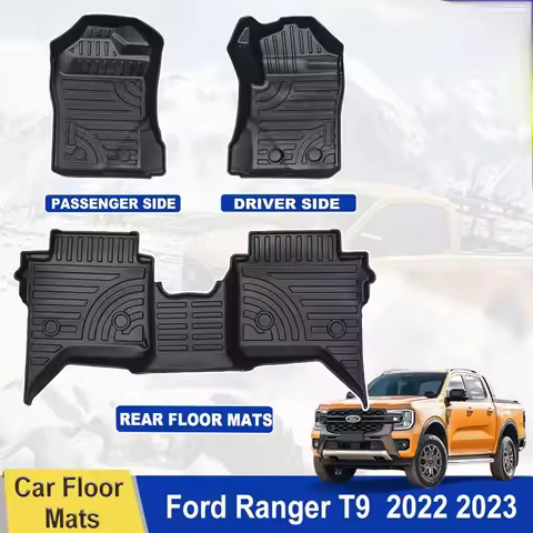 For Ford Ranger Next Gen T9 2022 2023 2024 Car Floor Mats Black Foot Pad Double Cab 3D TPE Car Mat 4