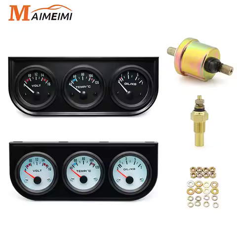 3 in 1 Car Gauge Kit 52mm Voltmeter 8-16V Water Temp 100-250°F 0-7/KG Oil Pressure Gauge With NPT 1/