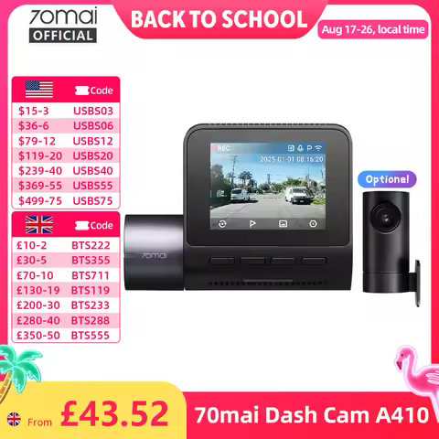 70mai Dash Cam A410 True 2.5K HDR Dual-Channel Supported F1.55 Aperture GPS 24H Parking Max 256GB Ca