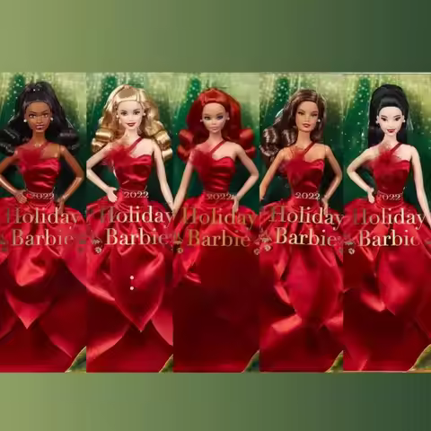 Barbie Signature Holiday Barbie 2022 Limited Edition Red Curly Hair Red Satin Ball Gown Holiday Coll
