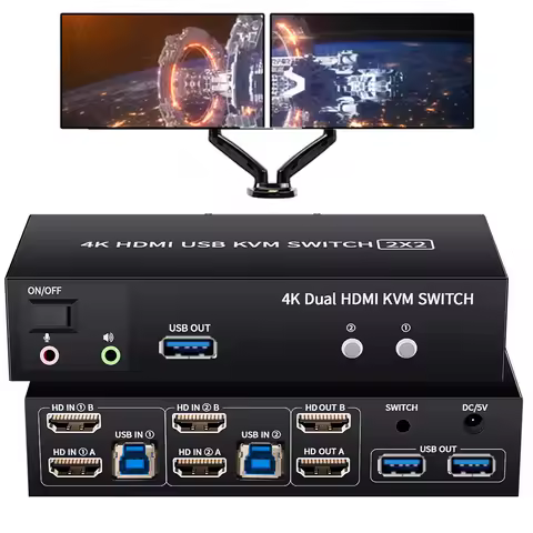 Dual Monitor HDMI KVM Switch 2X2 USB 3.0/2.0 4K 60Hz Extended Dispaly HDMI KVM Switch 2 Monitors 2 C