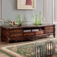European Style Marble TV Cabinet 2.4m American Retro Solid Wood Living Room Coffee Table Floor Cabin