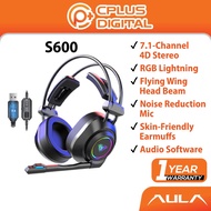 AULA S600 USB 7.1 Gaming Headset Deep Bass Computer Headphone RGB Light Noise Reduction Mic