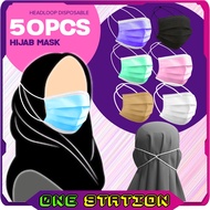 50PCS ADULT HIJAB FACE MASK HEADLOOP TUDUNG 3 PLY DISPOSABLE MASK