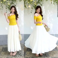 Women's Skirt Set - One-sided Off-Shoulder Top with Floral Hem Mixed with Maxi Skirt in Flowing Silk