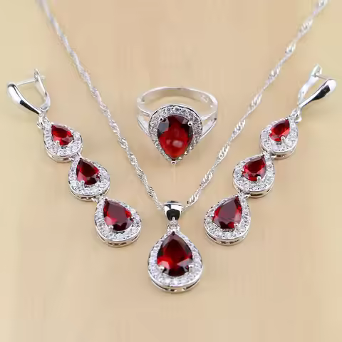 Mystic Red Zircon 925 Sterling Silver Jewelry Sets Women Wedding Accessories Long Earrings/Pendant/N