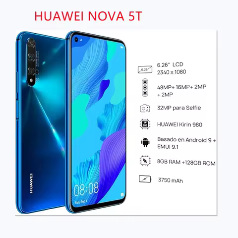 Global HUAWEI Nova 5T,Smartphone Android,Google Play Store,6.26 inch,128GB/256GB ROM,Mobile phone,48