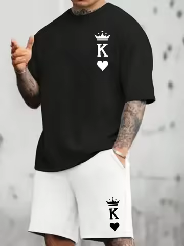 3D Crown And Letter K Print Men's Short Sleeve Shorts Set Outdoor Sports Men's Shorts Summer Everyda
