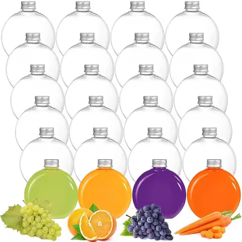 24Pack 10oz Plastic Bottles Small Plastic Flask Bottles Reusable Round Flat Bottles Mini Juice Bottl