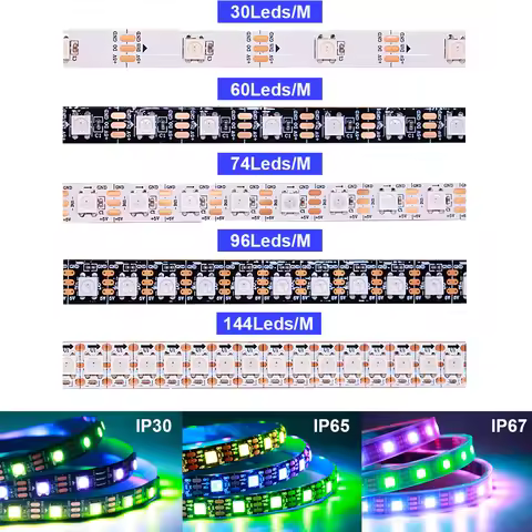 1-5M WS2812B Individually Addressable Led Strip 30/60/74/96/144leds/m WS2812 5050 RGBIC Smart Pixels