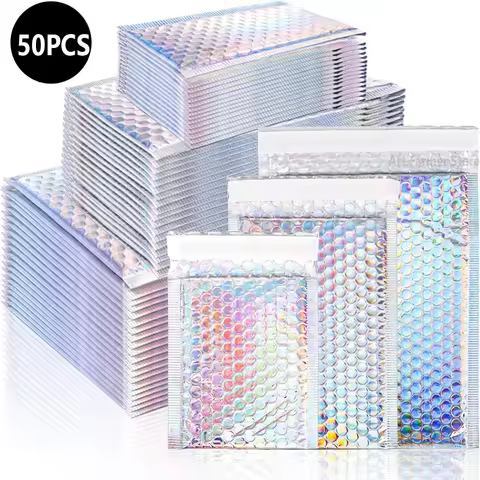 50Pcs Packaging Supplies Holographic Metal Bubble Mailer Shipping Bags Small Business Envelope Maili