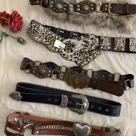 Vintage Western Y2K Belts Bundle–Leopard Print,Heart Buckle,Studded Faux Leather Waist Accessories J