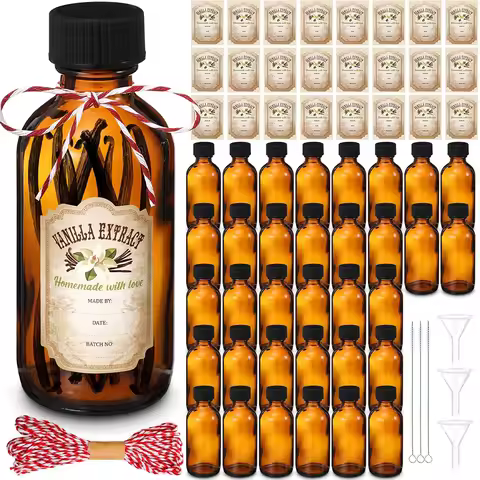 Amber Glass Bottle 2oz Boston Round Bottles with Caps for Vanilla Extract for Homemade Syrup Gift Fo