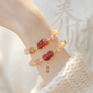 【longxiang001.my】 金发晶手链女年高级感转运珠貔貅草莓晶手串新年礼物女Gold Hair Crystal Bracelet for Women , with a shift towar