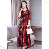 ZHEN5582 Women Summer Long Dress Fashion Flower Printing Pagoda Half Sleeve Slim Waist A-line Bohemi