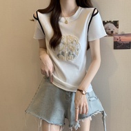 Ladies off shoulder T-shirt 2024 summer new embroidered slimming fashion loose casual hollow splicin