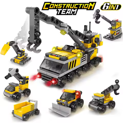 6 IN 1 DIY City Construction Team Truck Crane Forklift Small Size Building Blocks Kit Figures Bricks