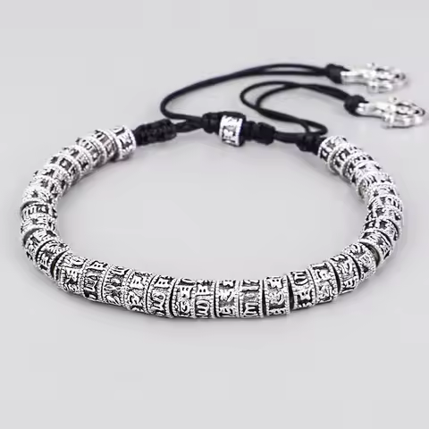 Tibetan Buddhism Six Words Mantra Bracelet Handmade Rope Knot Amulet Beads Vintage Metal Amulet Bead