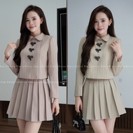 EV125-Emvy Clothing Set of elegant lotus collar lady's dress with bow and striped material combined 