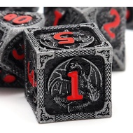 Haxtec Metal DND Dice Set Black Red Dragon D&D Dice Set with Leather Dice Bag Metal Polyhedral Dice 