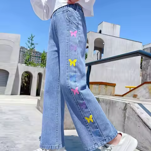 New girls' jeans high waisted straight leg pants side butterfly print denim pants streetwear fashion