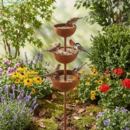 SEVENHOME3E Metal Bird Bath, Decorative Rusted Bird Water Dispenser, Bird Food Container Garden Stak