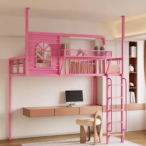 Nordic Wrought Iron Loft Bed Upper Bunk Bed Frame for Small Apartment Elevated Duplex Sleeping Furni
