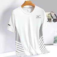 Mizuno เสื้อยืดแห้งเร็วสำหรับผู้ชายเสื้อแขนสั้นผ้าไหมน้ำแข็งกีฬาฤดูร้อนคอกลมออกกำลังกายฟิตเนสดูดซับเ