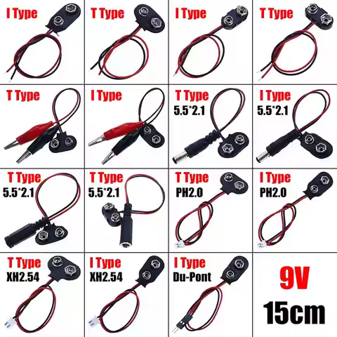 1/5pcs 9V Battery Buckle Connector DC 5.5x2.1 Jack Alligator Clip XH2.54 PH2.0 Terminal Adapter Cabl