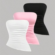 Teen Girls 3pcs/Set Black White Pink Knitted Ruched Asymmetrical Hem Cropped Camisole Vest Fashion S