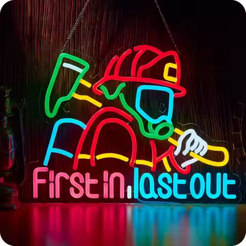 Firefighting Neon Sign, Fireman Fire Fighter First in Last out Pop Art LED Light USB Powered for Her