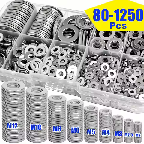 80-1250 Pieces Stainless Steel Flat Washer Assortment Kit (M2 M2.5 M3 M4 M5 M6 M8 M10 M12) Suitable 