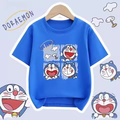 Potdemiel Summer New Doraemon Print Children's Pure Cotton T-Shirt, Boys and Girls Comfortable and B