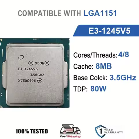 Intel Xeon E3-1245V5 4 Core 8 Thread 3.5GHz 80W 8MB Cache 14nm LGA1151 SR2LL DDR4 1866/2133 MHz Skyl