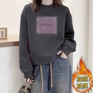 Chubby Meiyi Top Printed t-Shirt Long-Sleeved Basic Style M-2XL Round Neck Pullover Fleece Lining Th