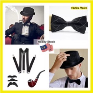 ⚡READY STOCK KUANTAN⚡ 1920s Men Gatsby Costume Suspenders Bow tie Fedora Hat Retro Gangster Cosplay