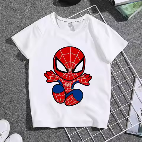 2026 New Children's T-shirt Spider Man Superman Cartoon Personality Print Pure Cotton Round Neck Uni