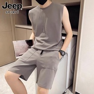 Jeep吉普夏季無袖t恤套裝男士潮牌搭配帥氣休閑背心運動短褲一套