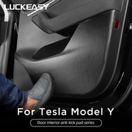 LUCKEASY กล่องฝาหุ้มประตูรถ Tesla รุ่น Y 2020-2023ใต้แผงหน้าปัดแผ่นป้องกันการเตะ Se Edge สติกเกอร์ฟิล์มกันรอย