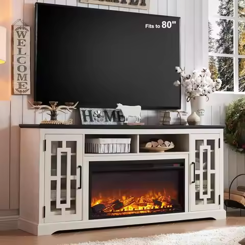 Fireplace TV Stand with 36" Electric Fireplace for 80 Inch TV, Farmhouse 32" Tall Highboy Entertainm