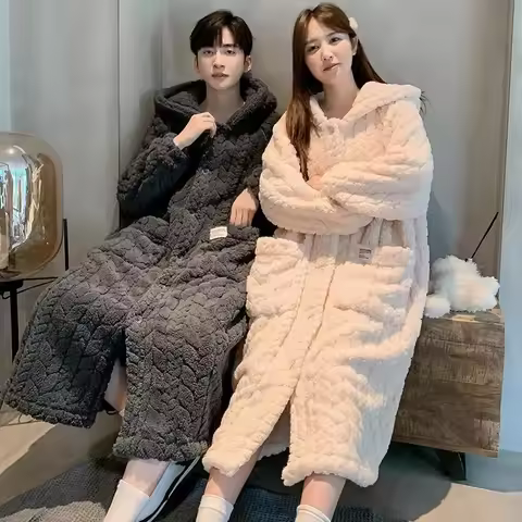 Hooded Robe Men Couple Sleepwear Bathrobe Fleece Winter Night Wears Warm Pajama One Piece Nightgown 