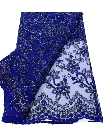 New Royal Blue Nigerian Lace Fabric With Stone 5Yards African Lace Fabric Embroidery French Tulle Ne