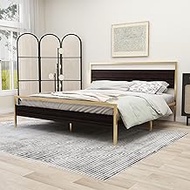 alazyhome Modern Industrial King Size Bed Frame Metal Platform with Rustic Wooden Headboard and Footboard, No Box Spring Needed, Noise Free, Easy Assembly Gold