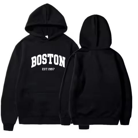 Everyday Casual, Boston Est 1997 Hoodie - Stylish Black Pullover with Kangaroo Pocket, Polyester Ble
