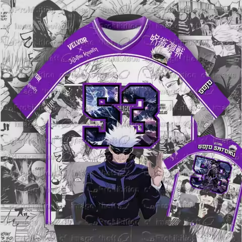 2026 Summer Cartoon V Neck Jersey Gojo Satoru 53 Manga Print Unisex Loose Short Sleeve Tee Men Women